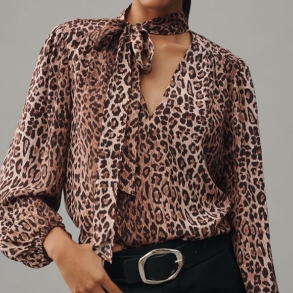 White House Black Market Tops - WHBM Tie Up Leopard Print Shirt